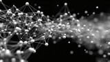 An artistic black and white representation of a complex network made of spheres and lines.