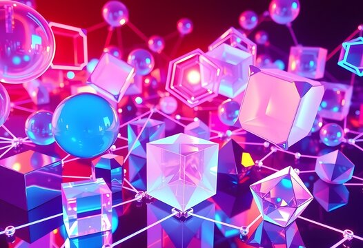 Abstract Holographic Design, A Stunning Display Of Glowing Shapes, Cubes, And Spheres. Neon Reflections Add Depth. This Dynamic 3d Rendering Is Perfect For Modern Designs.