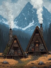 Leinwandbilder - Cozy Mountain Cabins With Smoke Rising From Chimneys Surrounded by Majestic Peaks and Lush Forests in a Tranquil Setting Generative AI