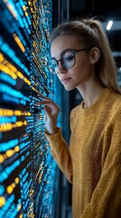 woman reviewing code on a large screen