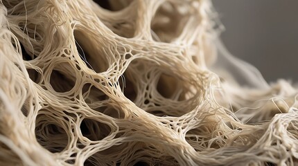 Detailed abstract surface of tangled beige fibers forming a porous mesh structure with artistic curves and depth, perfect for textile, biology, or design concepts

