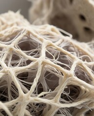 Close-up macro image of natural fibrous texture showing intricate organic pattern with holes and strands, ideal for backgrounds or textile design inspiration
