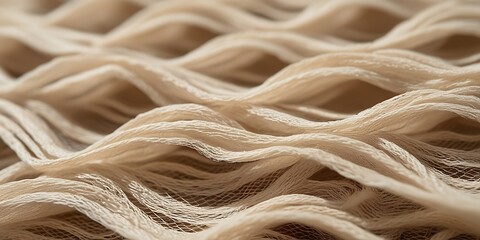 Soft flowing beige fabric strands forming elegant abstract folds with detailed mesh texture, close-up macro shot ideal for textile design, fashion, or background visuals

