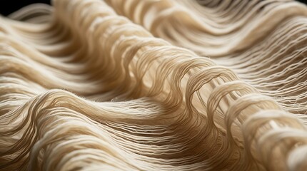 soft flowing beige fabric strands forming elegant abstract folds with detailed mesh texture, close-u