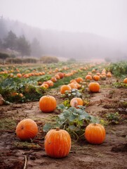 Aufkleber - Morning Fog Envelops a Vibrant Pumpkin Patch With Lush Greenery and Scattered Orange Pumpkins During the Early Hours of Fall Generative AI