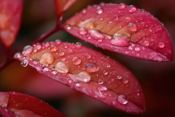 Poster - Raindrops Glisten on Vibrant Red Leaves in a Close-Up Macro Shot Showcasing Natures Beauty Generative AI