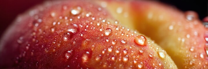 Fototapete - Close-up of Fresh Peach Skin Adorned With Glistening Water Droplets in a Natural Light Setting Generative AI