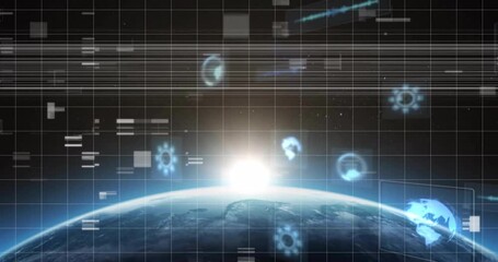 Wall Mural - earth curvature and rising sun being visualized in orbit, with faint grid and glowing gear icons