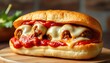 © procreation - Closeup of a Meatball Sub with Melted Cheese and Marinara Sauce on Wooden Board