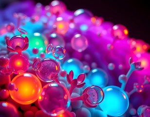Poster - Abstract Glowing Spheres Emerge, A Dreamlike Composition. Vibrant Colors Dance, Creating A Three-dimensional Effect. Plants Subtly Appear. Beautiful, Nature-inspired Artwork.