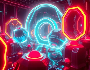 Fototapete - Futuristic Shapes Glow With Neon Light, A Stunning 3d Render Creates A Sci-fi Atmosphere. Bright Colors Radiate, Generating An Exciting And Modern Aesthetic.