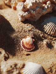 Aufkleber - Seashell Earring Resting on Soft Sand Amidst Scattered Shells in a Sunlit Coastal Environment Generative AI