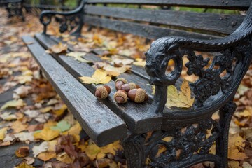 Fototapete - Park Bench Adorned With Colorful Fallen Leaves and Acorns During Autumn in a Serene Public Space Generative AI