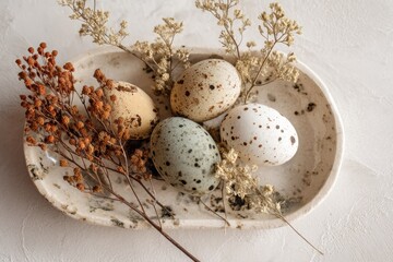 Poster - Nature-inspired Arrangement Featuring Speckled Eggs and Delicate Dried Flowers on a Rustic Plate Generative AI