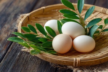 Poster - Raw Eggs Nestled in Bamboo Basket Surrounded by Green Leaves for a Tranquil Zen Atmosphere Generative AI