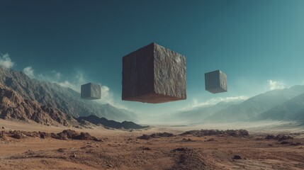 Wall Mural - Surreal Desert Scene with Floating Cubes in a Dreamlike Landscape
