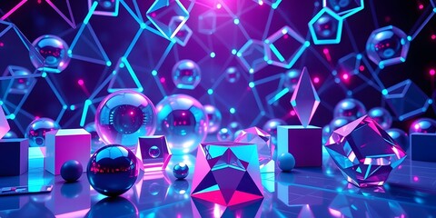 Aufkleber - Holographic Shapes Glow In A Stunning 3d Render, Featuring Dynamic Neon Reflections, And Interconnected Spheres. The Cubes And Angular Forms Create A Visually Captivating Design. A Futuristic Backdrop