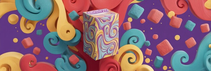 Poster - Vibrant Cereal Box Design Featuring Colorful Swirls and Space Elements Generative AI