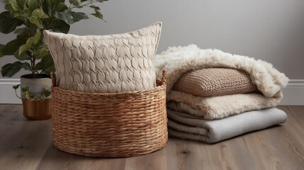 Fototapete - Cozy Arrangement of a Woven Basket With a Stylish Pillow and Folded Blankets in a Serene Interior Space Generative AI