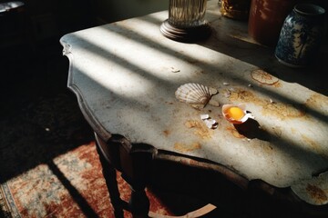 Poster - Sunlight Streaming Over Vintage Table Featuring Broken Eggshell and Yolk With a Shell Resting Nearby Generative AI
