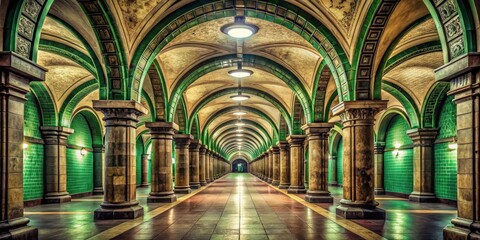 Ancient Roman-style arches line a stunning green tiled subway station with ornate columns and a majestic corridor leading into darkness, abandoned tunnel, ancient architecture