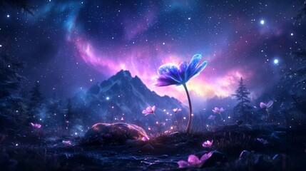 Wall Mural - Ethereal landscape with glowing flower under cosmic sky