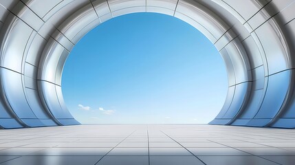 Aufkleber - 未来的な白いアーチ構造 青空の背景 モダンなデザイン 金属反射のある抽象的な内部空間 テクノロジースタイルの建築 廊下トンネル