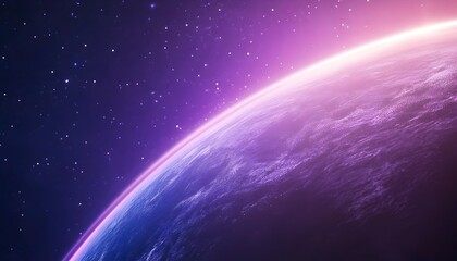 Wall Mural - A vibrant, cosmic view of a planet's horizon, bathed in purple and pink hues, with a backdrop of distant stars