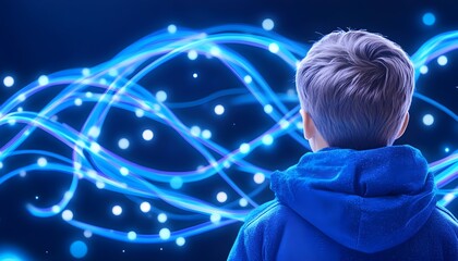 Wall Mural - Boy gazes at swirling, luminous blue energy streams