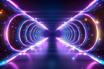Wall Mural - Glowing neon tunnel with vibrant purple and blue lights, creating a futuristic and energetic atmosphere. Reflective surface enhances the visual spectacle