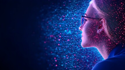 Profile of a woman, seemingly composed of glowing particles, against a dark background.  The image suggests technological themes or data visualization