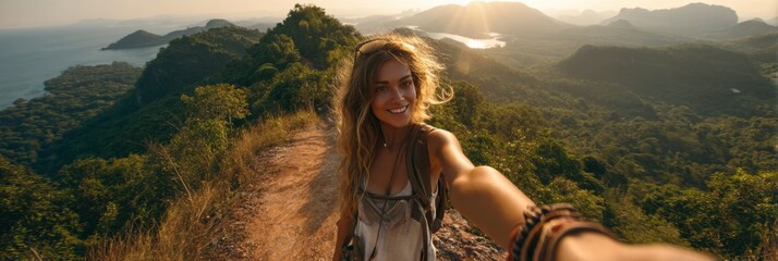 Leinwandbilder - Travel Blogger Enjoys Sunset Mountain Trail Selfie With Stunning View and Vibrant Landscape Generative AI