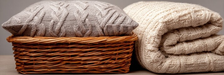 Poster - Cozy Blankets and Pillows Neatly Arranged in a Woven Basket With Space for Additional Items Nearby Generative AI