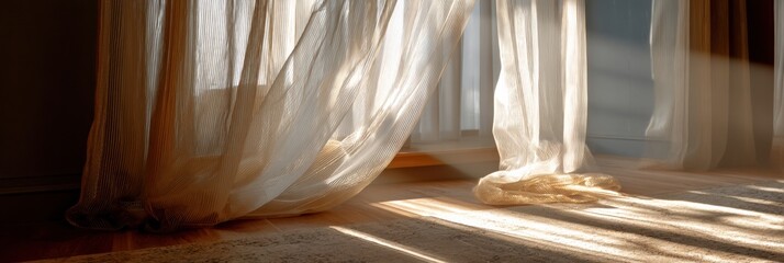Aufkleber - Soft Sheer Curtain Gently Blowing in a Sunlit Room Creating a Warm and Inviting Atmosphere During Mid-Morning Hours Generative AI
