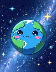 Wall Mural - stylized anime inspired earth with expressive eyes and a small frown, placed in a starry, animated space scene