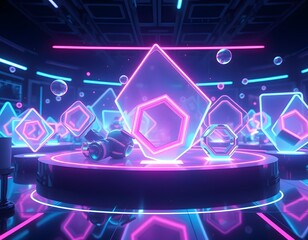 Leinwandbilder - Dynamic Abstract Hologram Display, Featuring Bright, Neon Shapes Moving Fluidly. Futuristic High Tech Scene With A Glowing, Vibrant Aesthetic. Great For Backgrounds And Digital Artwork.