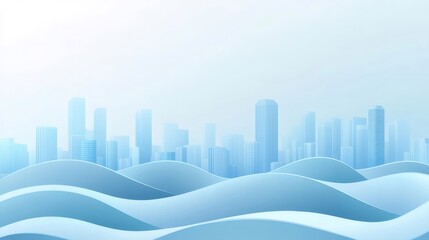 Aufkleber - 水色の抽象的な都市景観 波状の地形と未来的な建築デザイン パステルカラーの背景にミニマルな3Dレンダリングされた構造体の静かなシーン