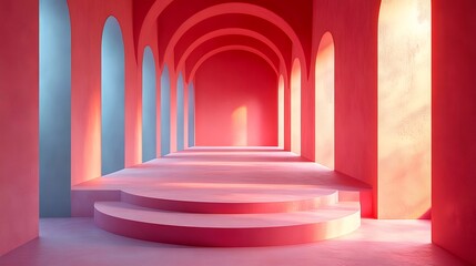 Aufkleber - ピンクのアーチ型コリドー ミニマリスト建築デザイン 抽象的な幾何学的構造 光と影が差し込む静かな空間