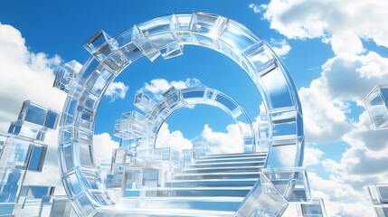 Aufkleber - 晴れた空の下の抽象的な幾何学的階段の構造 光沢のある表面と反射を持つ未来的なデザイン 青と白の背景に浮かぶ建築