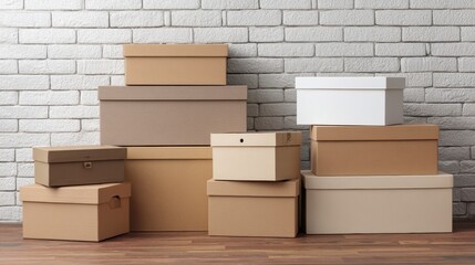 Poster - Stacked Storage Boxes Arranged on Wooden Floor With Empty Space Against Brick Wall in an Organized Setting Generative AI