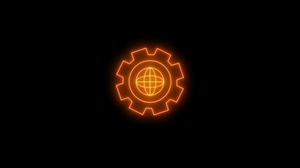 Glowing neon gear with world animation.Animation of network of information and global sharing icon with gear.Glowing neon Globe of the Earth and gear or cog icon isolated on black background