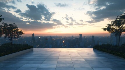 Aufkleber - 都市の夕暮れ 高層ビル群のパノラマ オレンジと黄色の空の下で輝くテラス 都市の景観が美しい日本の風景