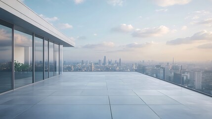 Aufkleber - ガラスのバルコニーから見える都市の景観 高層ビル群と青空が広がる都会の風景
