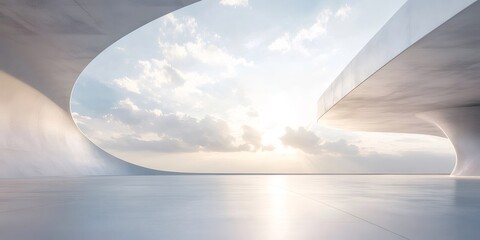 Aufkleber - 抽象的な未来的なコンクリート建築構造と明るい空 日光が当たり 床に水たまりがあるミニマルデザイン