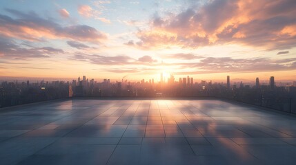 Aufkleber - 屋上からの活気に満ちた夕焼けの都市景観 薄いオレンジ色の雲とシルエットの高層ビル群が印象的な都市の夕暮れ時の眺め