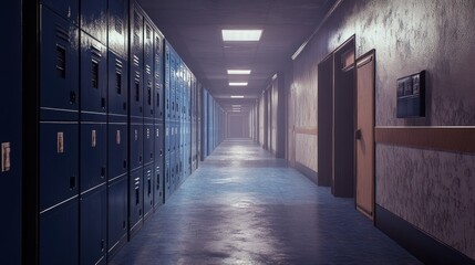 Empty, dimly lit school hallway, lined with lockers.  Foggy atmosphere pervades the corridor