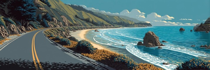 Fototapete - Coastal Highway Adventure Along a Serene Beach With Waves and Rocky Cliffs Under a Clear Blue Sky Generative AI