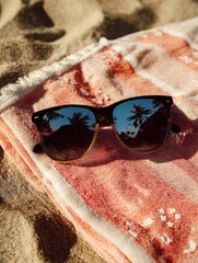 Leinwandbilder - Sunglasses Resting on Sandy Towel With Palm Tree Reflections Under Bright Sunlight at a Beach Location Generative AI