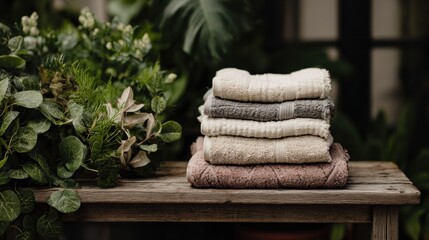Fototapete - Relaxing Spa Setup With Neatly Stacked Towels on Rustic Bench Surrounded by Lush Greenery in a Tranquil Atmosphere Generative AI