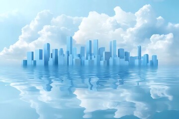 Aufkleber - 水面に反射する水色の未来的な都市のスカイラインと白い雲のある晴れた空の風景